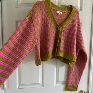 Size L Pink & Green Checkered & Striped Cardigan from Buttermelon